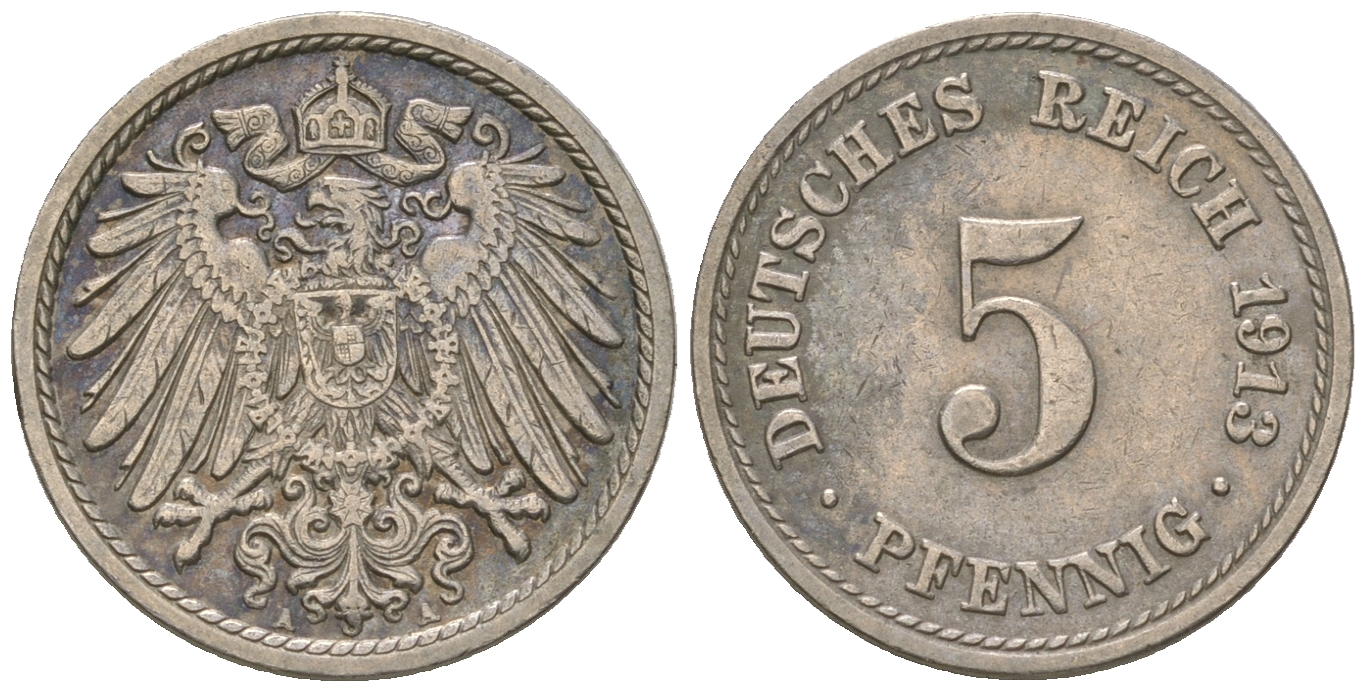 ГДР 5 пфеннигов 1913 A, KM 11, J. 12 медно-никель 3458-1124