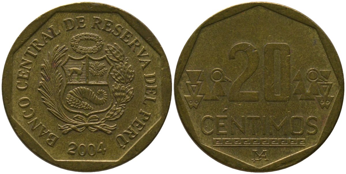 Перу 20 сентимо 2004 LIMA KM 306.4, Schon 105 латунь 4543-1131