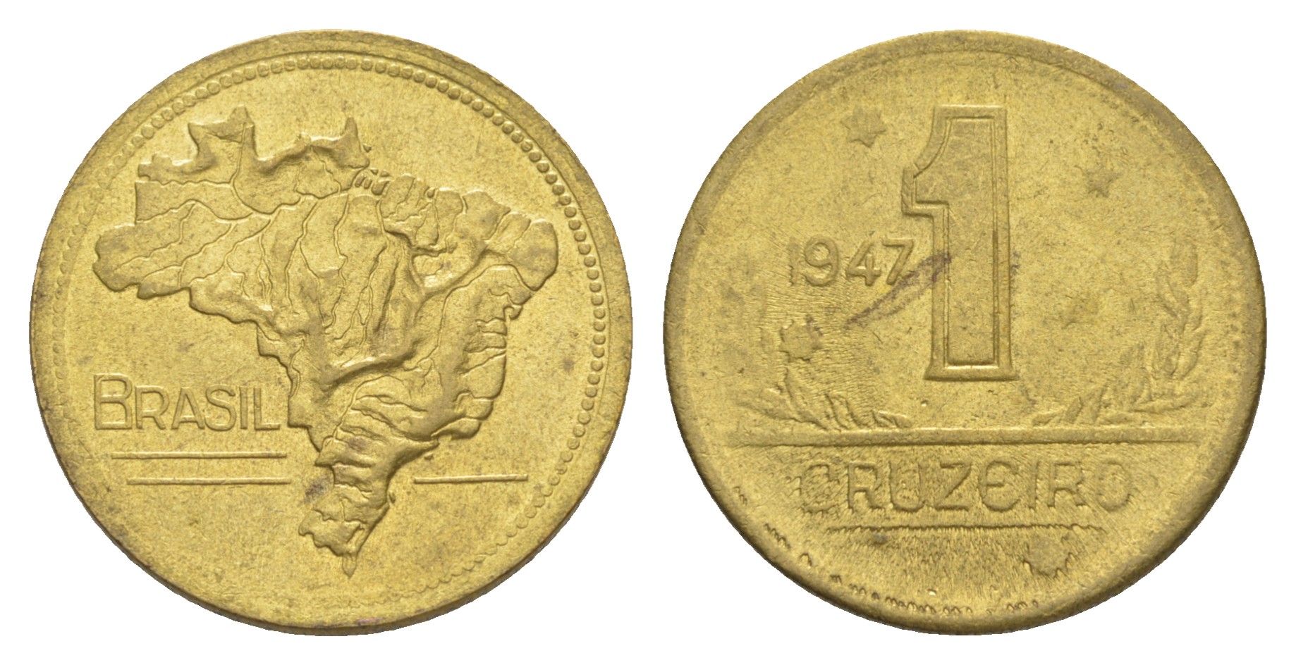 Бразилия 1 крузейро 1947 KM 558 алюминиевая бронза 4642-1211