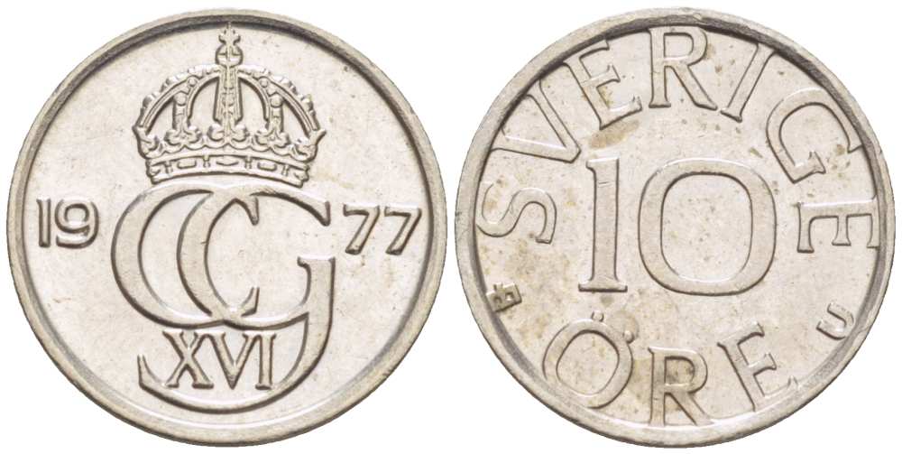 Швеция 10 эре 1977 U, Карл XVI Густав (1973- ) KM 850 медно-никель 4516-445