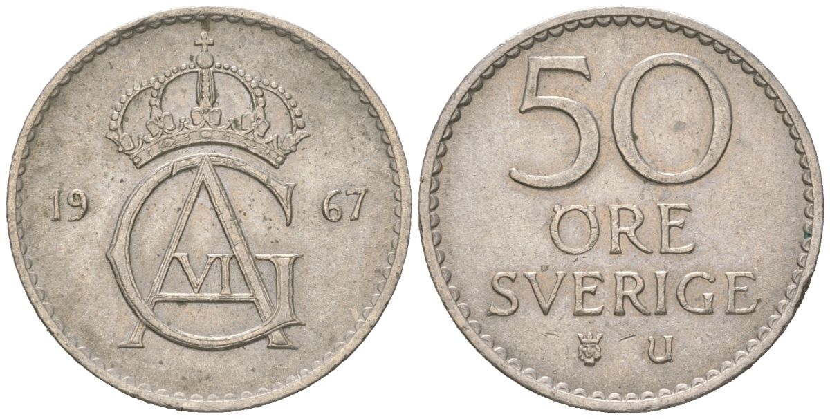 Швеция 50 эре 1967 U, Густав VI Адольф (1950-1973) KM 837 медно-никель 4618-118
