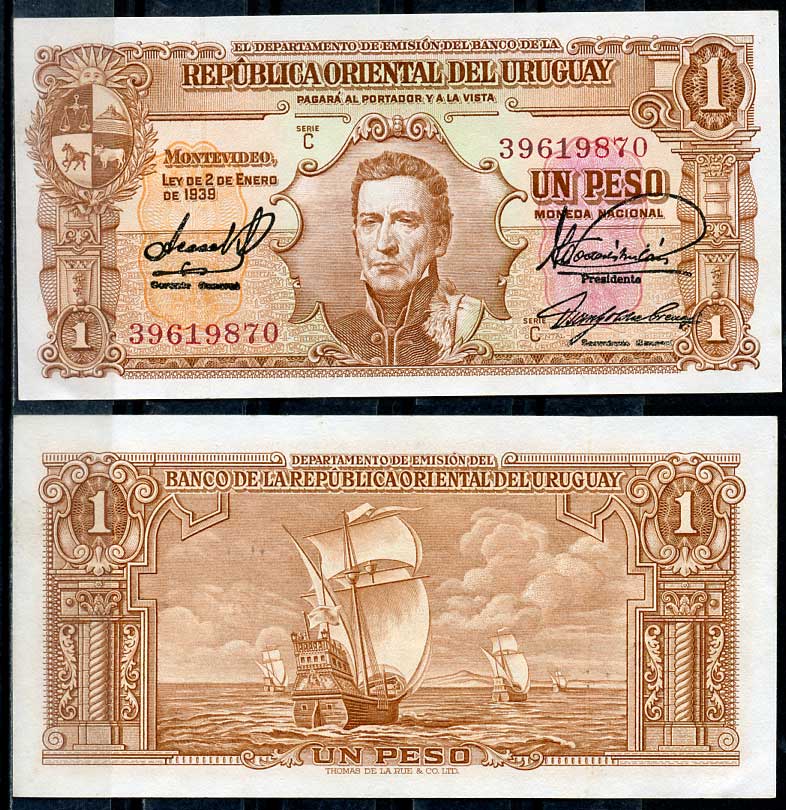 Уругвай 1 песо 1939 Хосе Хервасио Артигас, парусник, серия С Pick 35 b (4)  бумага   7217-58-2-2