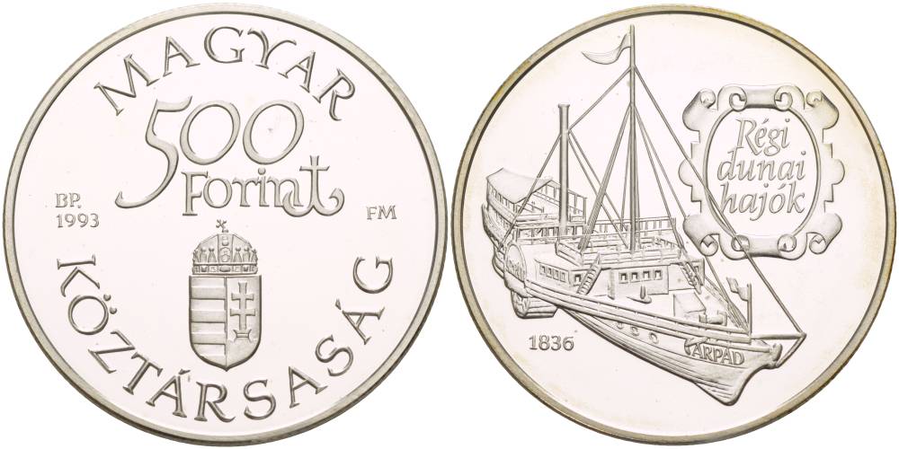 Венгрия 500 форинтов 1993 старый дунайский корабль "ARPAD" KM 702 серебро PROOF 1081-6-33