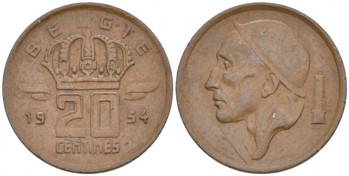 БЕЛЬГИЯ 20 САНТИМОВ 1954 BELGIE KM 147.1 бронза 214-121