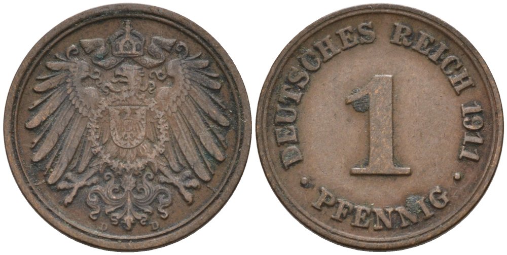 Германия 1 пфенниг 1911 D KM 10, J. 10 медь 4576-216