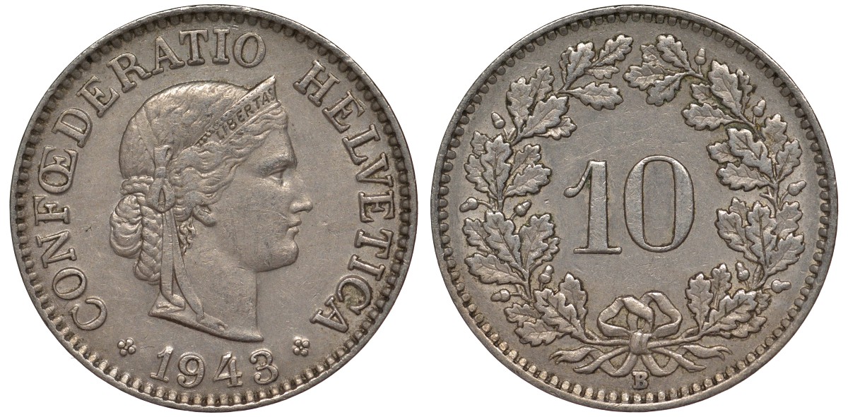 Швейцария 10 раппенов 1943 в KM 27 медно-никель 4128-721