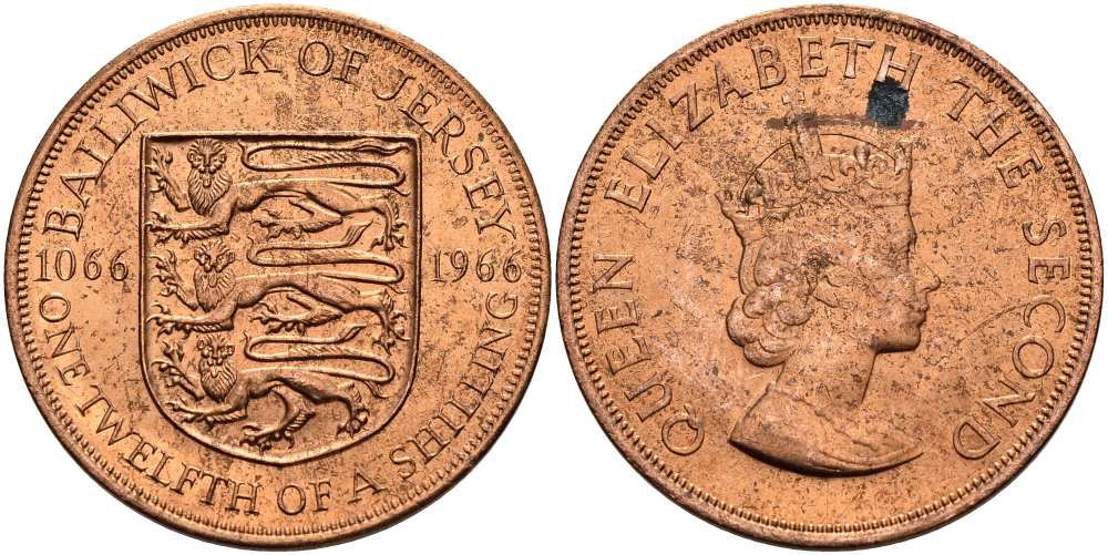 Джерси 1/12 шиллинга 1966 900 лет Нормандскому завоеванию KM 26 бронза UNC 4512-324