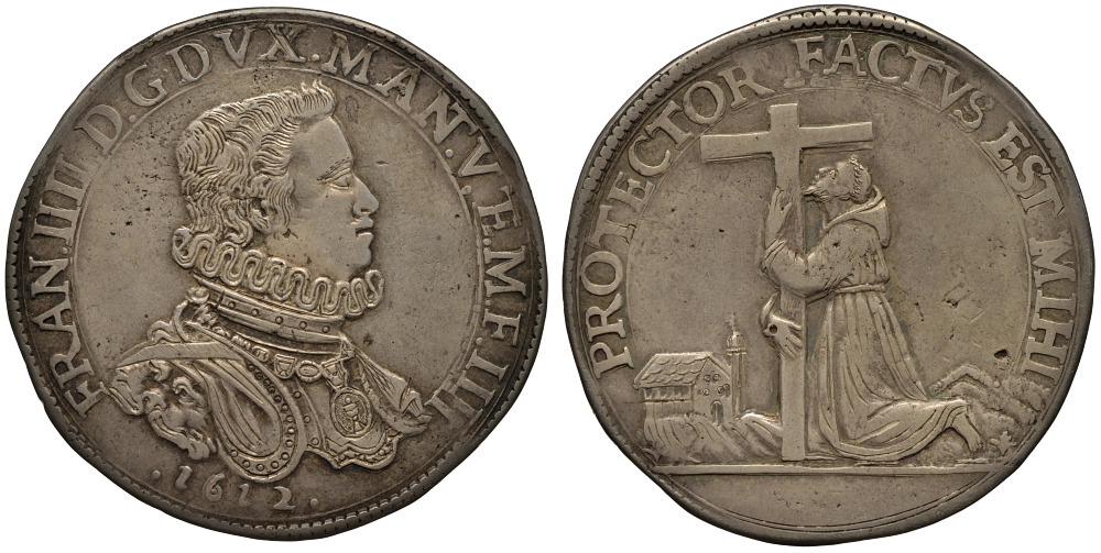 Мантуя 1 дукатон 1612 Франческо IV Гонзага, Святой Франциск Асизский, реставрация  Dav. 3931, Bignotti 7 (R2) серебро 00-000-00