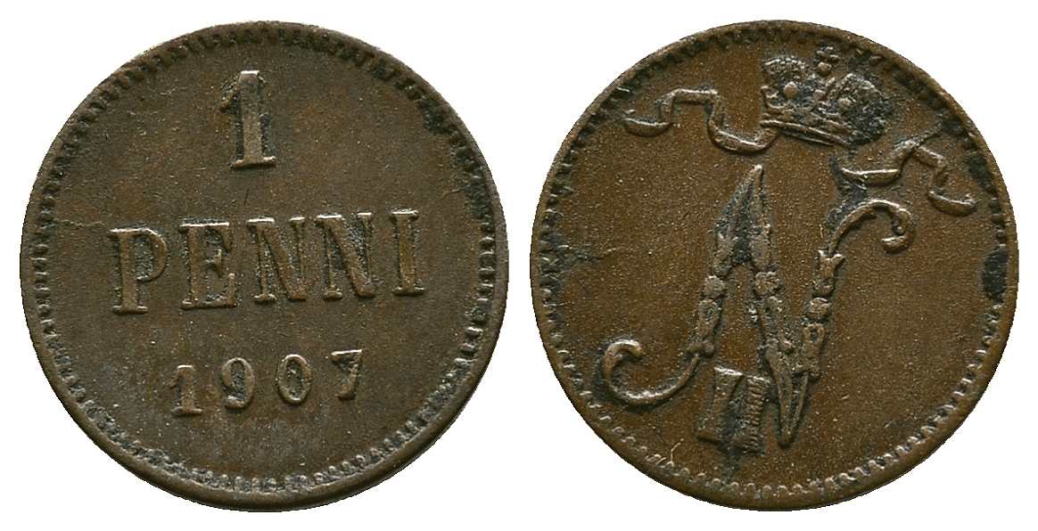 РОССИЯ ДЛЯ ФИНЛЯНДИИ 1 ПЕННИ 1907 НИКОЛАЙ II, WITHOUT SERIF ON 7 ARM KM 13, Биткин 468 медь 4383-443
