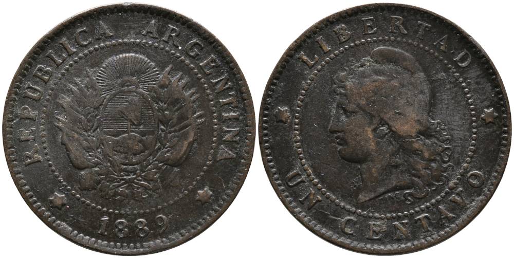 Аргентина 1 сентаво 1889 голова Свободы влево KM 7 бронза 4525-1027