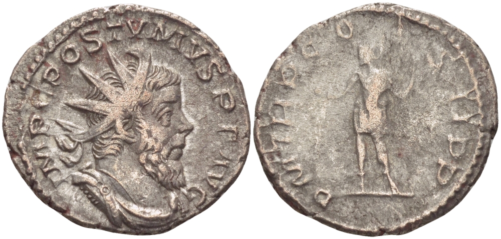 Римская Империя (императоры в Галлии) антониниан 261 Постум. IMP C POSTVMVS P F AVG / P M TR P COS II P P, император в военном доспехе, держит копье и сферу, Августа Треверов, Good Very fine RIC 54 биллон 1073-12-37