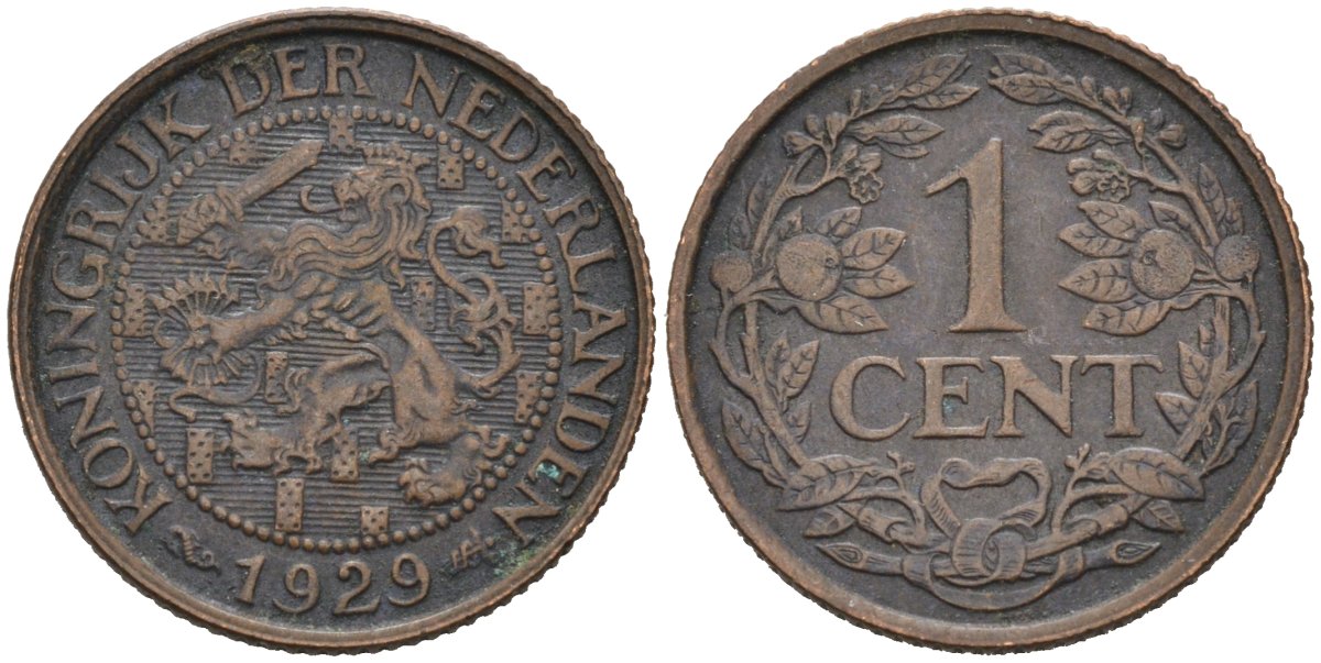 Нидерланды 1 цент 1929 Вильгельмина (1890-1948) KM 152 бронза 4576-739