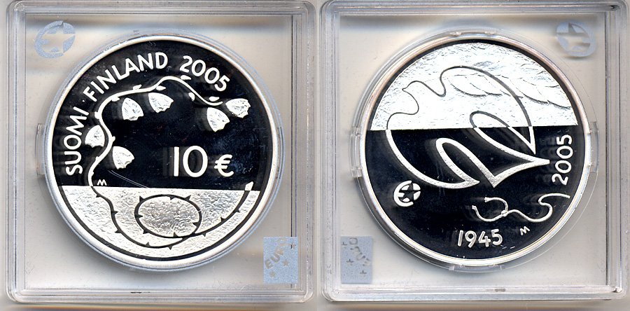 Финляндия 10 евро 2005 60 лет мира в Европе, голубь мира KM 120 серебро PROOF 5-3-1-45