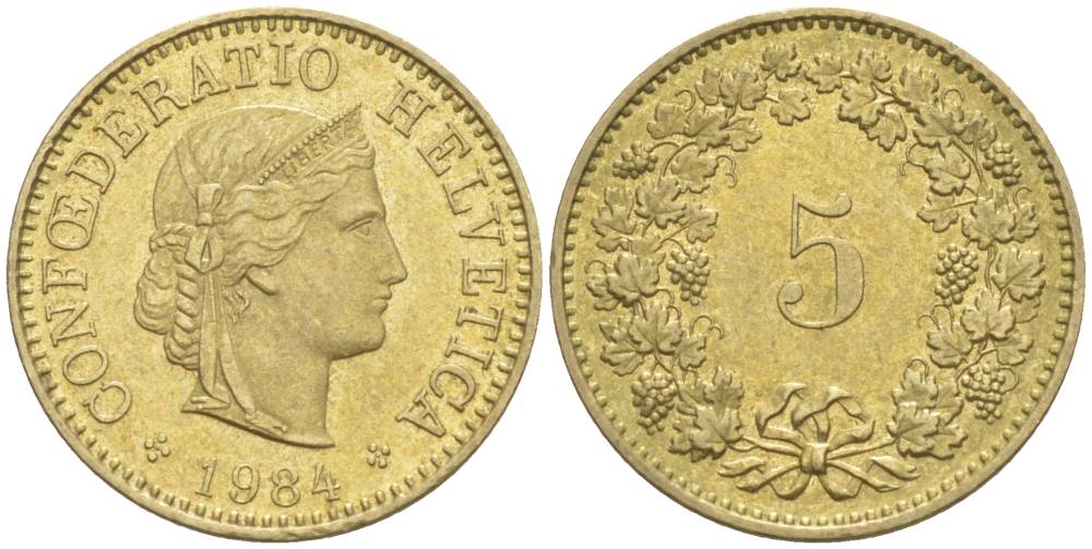 ШВЕЙЦАРИЯ 5 РАППЕНОВ 1984 KM 26с алюминий латунь 105-956