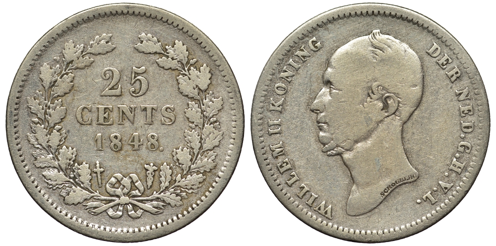 НИДЕРЛАНДЫ 25 ЦЕНТОВ 1848 ВИЛЬЯМ II KM 76 серебро 443-613