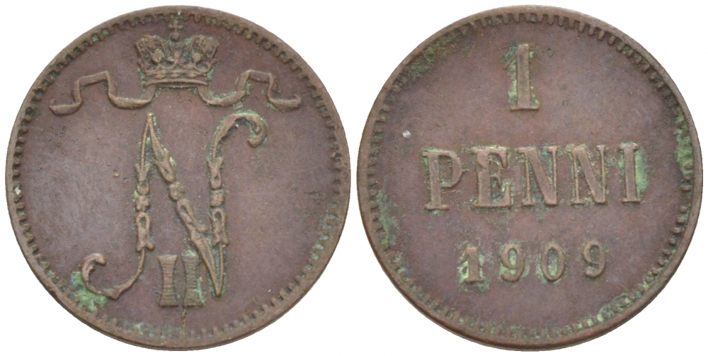 Россия для Финляндии 1 пенни 1909 Николай II (1894-1917) KM 13, Биткин 470 медь 4396-1311