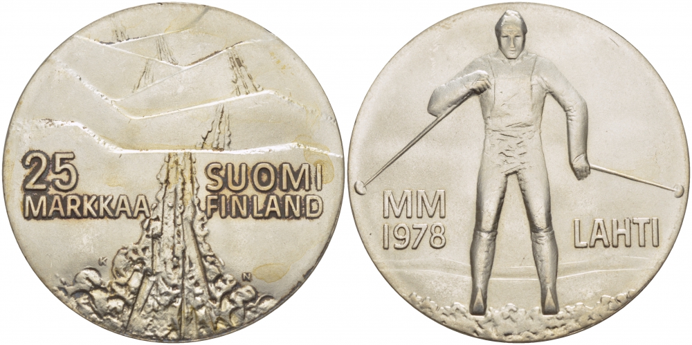 Финляндия 25 марок 1978 K-N, 21 Чемпионат мира по лыжным видам спорта 1978 в Лахти KM 56 серебро UNC 1515-1241