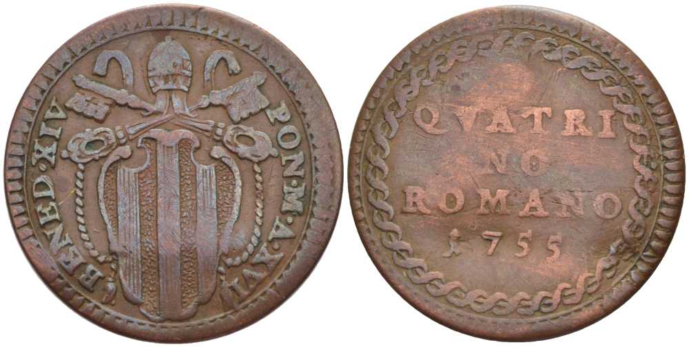 ВАТИКАН КВАТТРИНО 1755 ГОД XVI, ПАПА БЕНЕДИКТ XIV (1740-1758), QVATRI/NO/ROMANO KM 1176 (C1b) медь 3896-1543