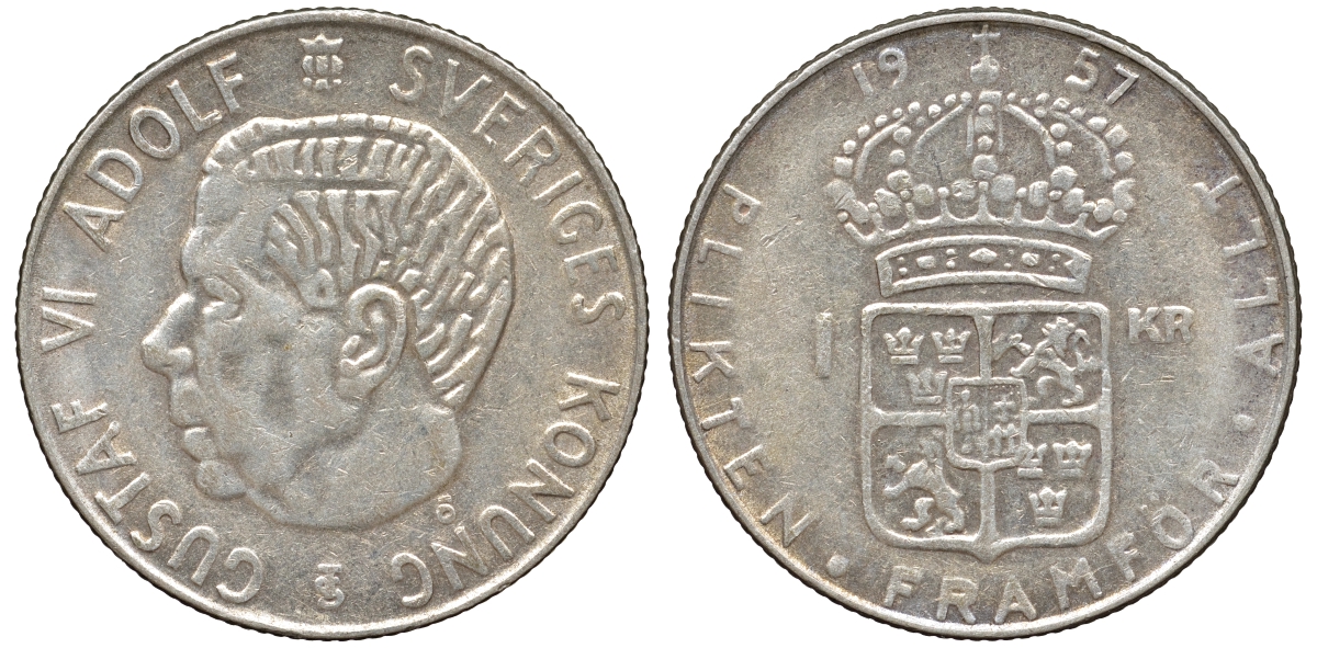 Швеция 1 крона 1957 TS, Густав VI Адольф (1950-1973) KM 826 серебро 4178-736