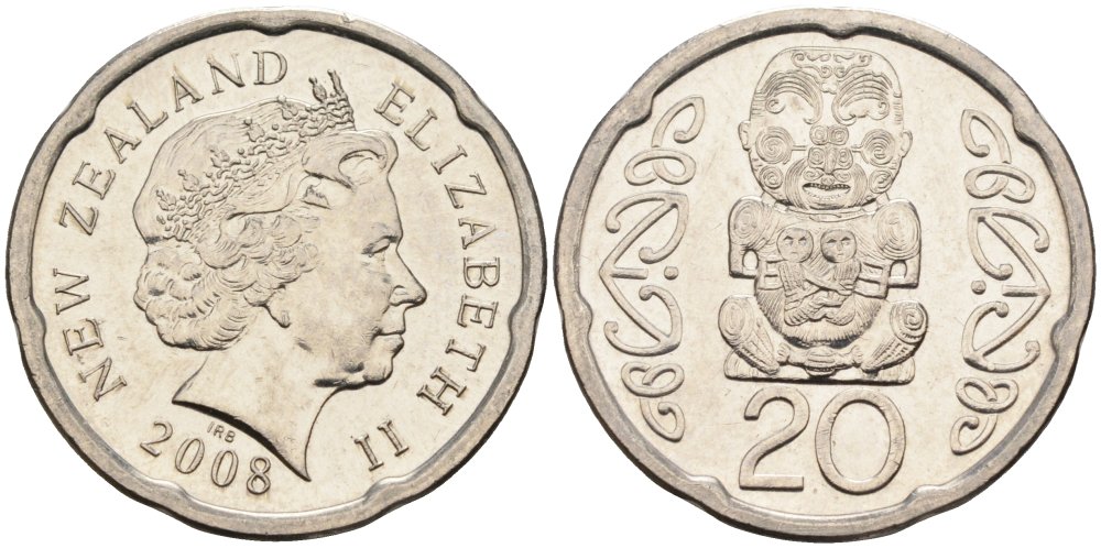 Новая Зеландия 20 центов 2008 Елизавета II (1952-2022), идол Пукаки KM 118а никелированная сталь 4579-1213