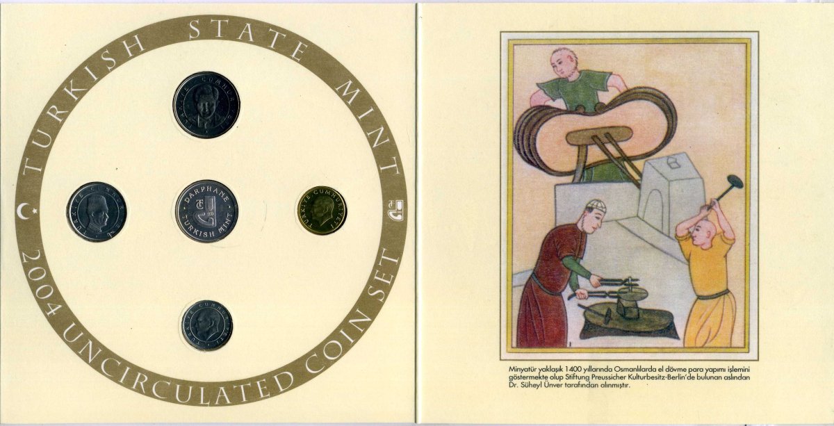 Турция официальный набор из 4 монет + жетон 2004 25000, 50000, 100000 и 250000 лир, буклет  медно-никель  UNC 7-3-1-16
