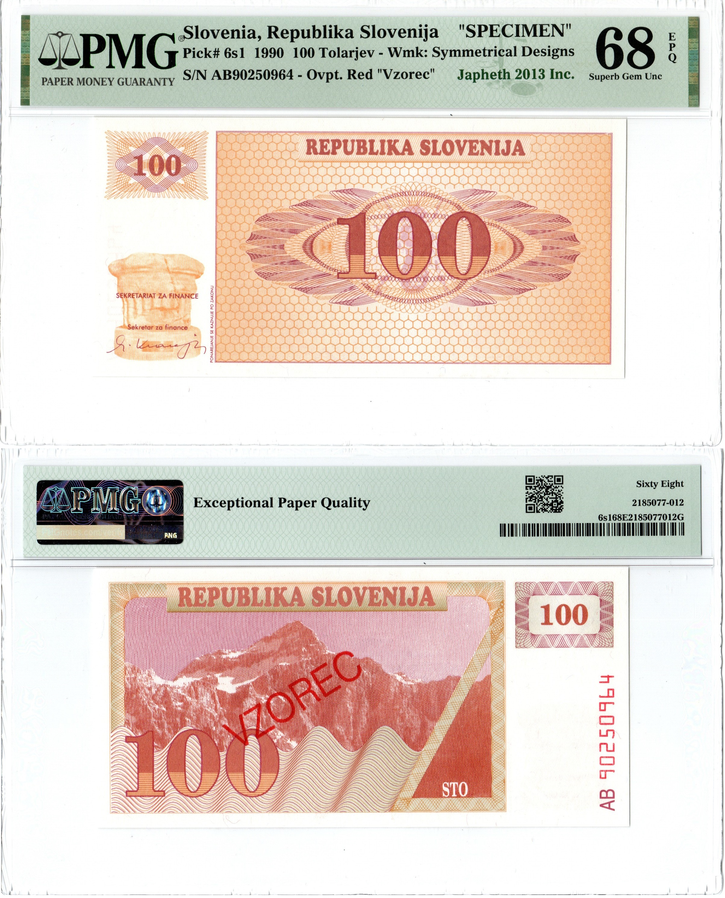 Словения набор из 7 банкнот (образец / SPECIMEN) (1, 5, 10, 50, 100, 500 и 1000 толаров) 1990-1992 в слабах PMG (66, 67 и 68) Pick 1s1, 3s1, 4s1, 5s1, 6s1, 8s1, 9s1 бумага UNC (пресс) 452-2-118