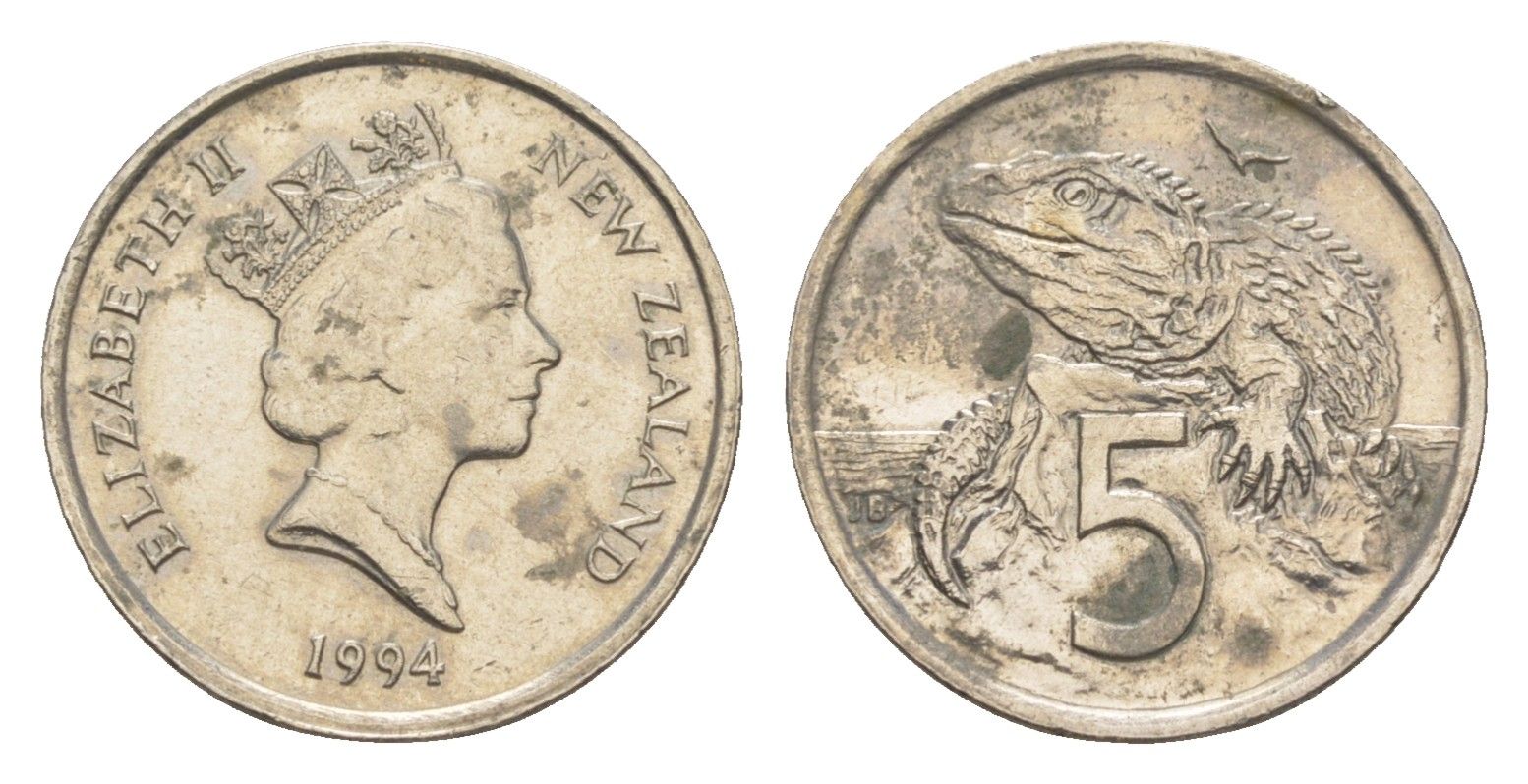 Новая Зеландия 5 центов 1994 Елизавета II (1952-2022), ящерица гаттерия KM 60 медно-никель 4651-224