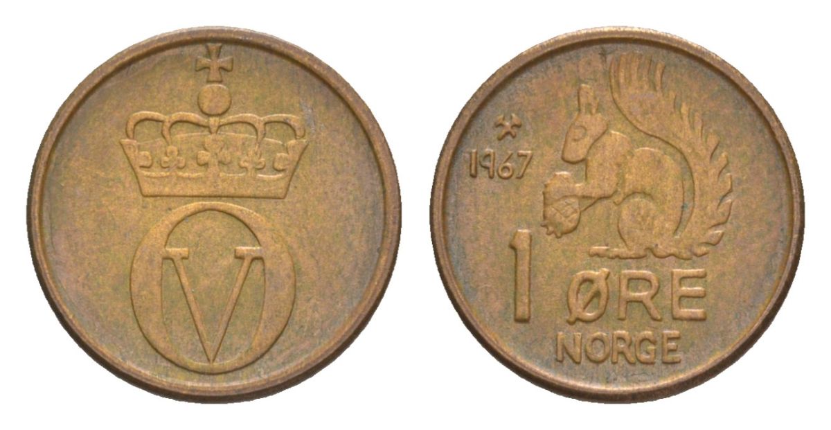 Норвегия 1 эре 1967 Улаф V (1957-1991) KM 403 бронза 4632-1118