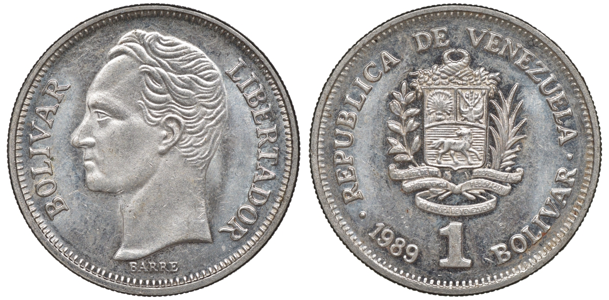 Венесуэла 1 боливар 1989 тонкий шрифт Y 52a.2 сталь плакированная никелем 4606-537