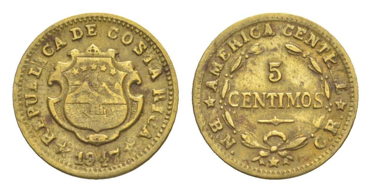 Коста-Рика 5 сентимо 1947 KM 179 латунь 4644-316