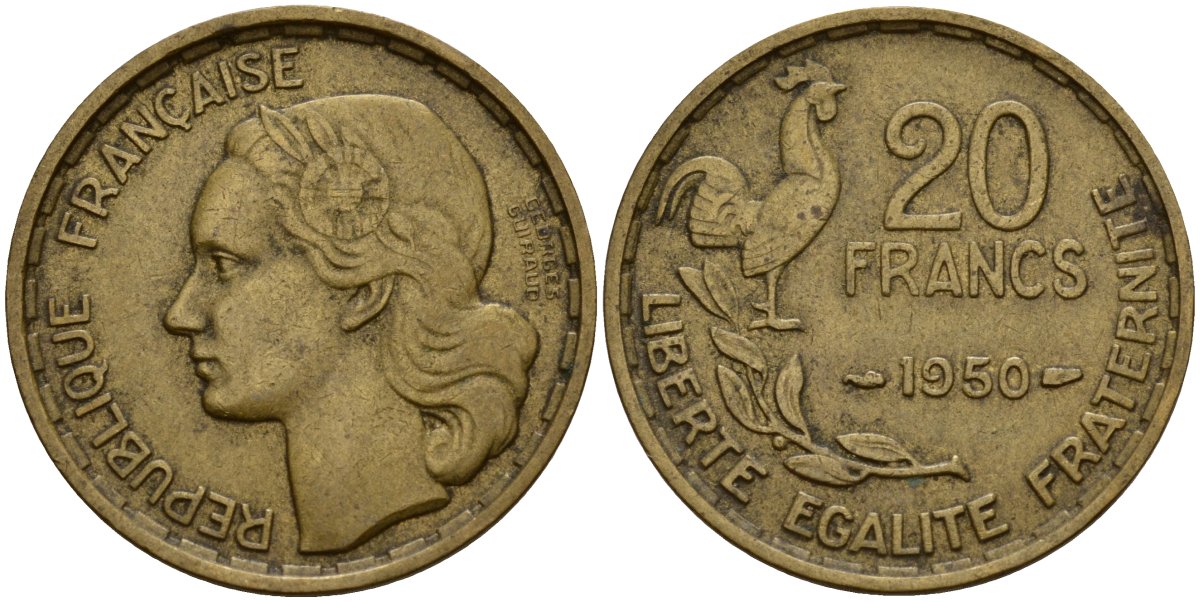 Франция 20 франков 1950 B, Петух KM 917.1 алюминиевая бронза 4159-926