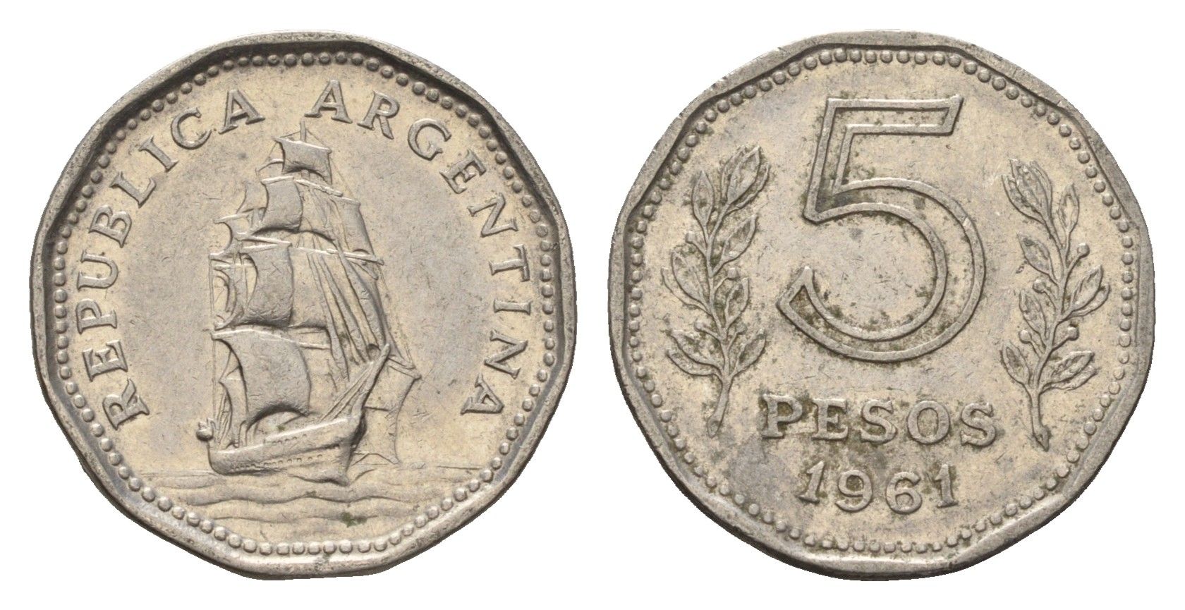Аргентина 5 песо 1961 KM 59 сталь плакированная никелем 4571-1116