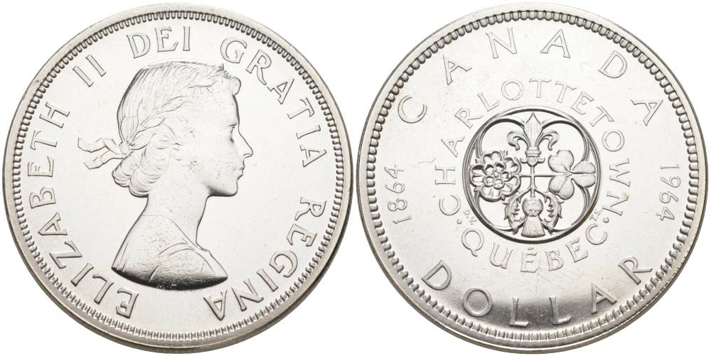 Канада 1 доллар 1964 100 лет Квебеку (Шарлоттаун) KM 58 серебро UNC 1087-9-71