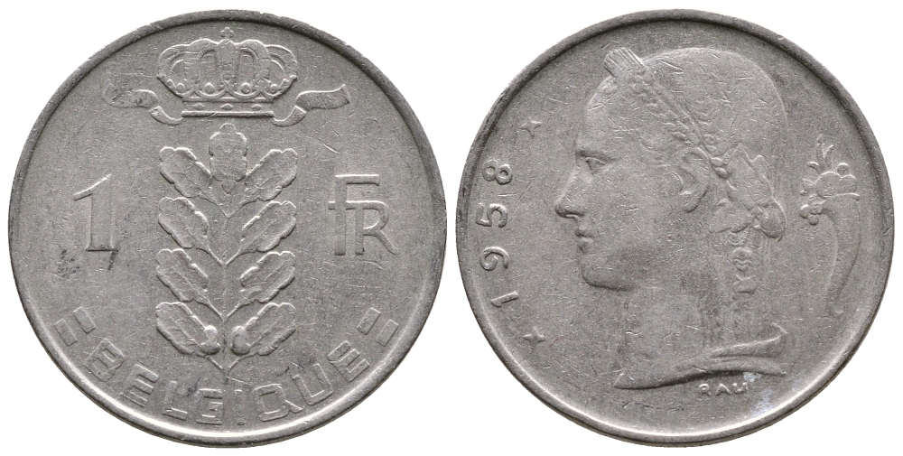 БЕЛЬГИЯ 1 ФРАНК 1958 BELGIQUE KM 142.1 медно-никель 4382-953