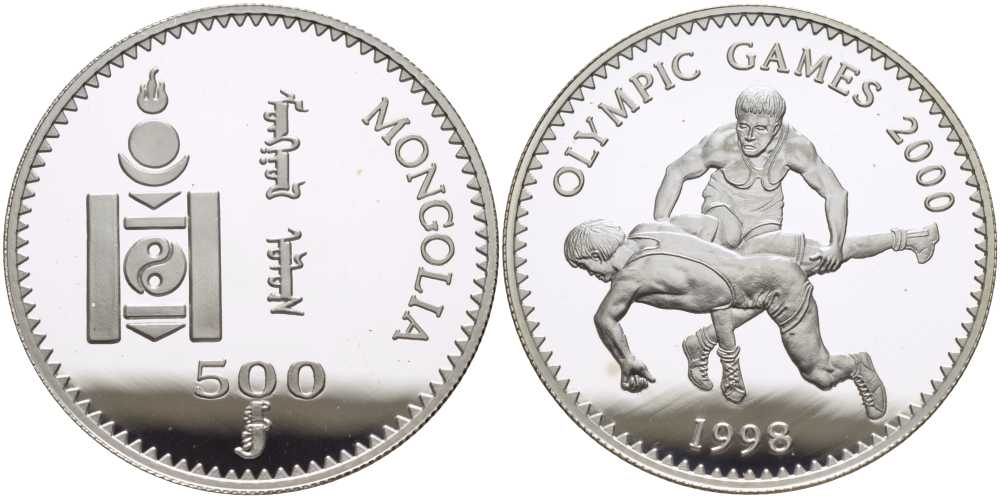Монголия 500 тугриков 1998 XXVII летние Олимпийские игры 2000 года в Сиднее, борьба KM 156 серебро PROOF 1080-1-23