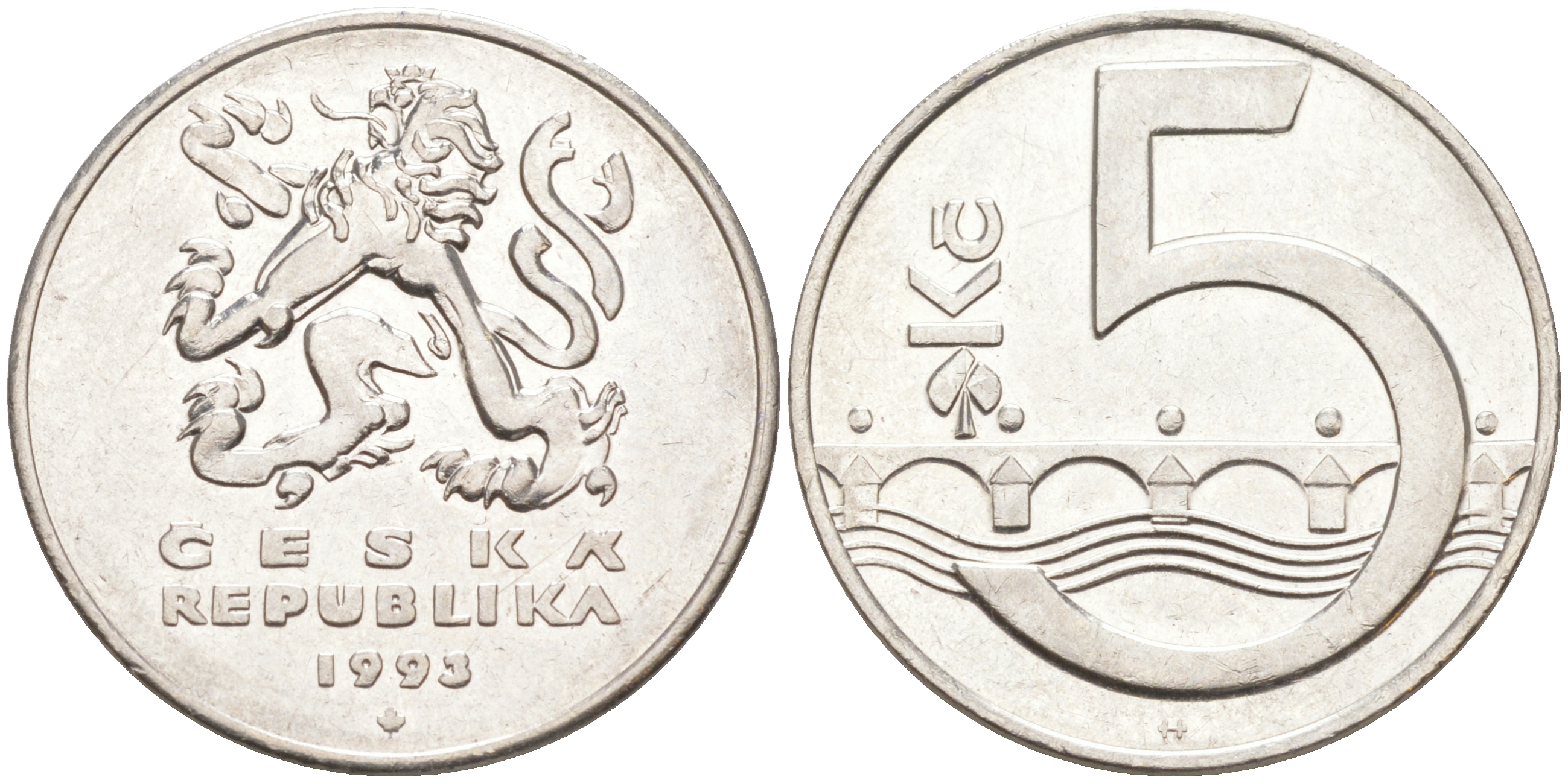 Чехия 5 крон 1993 чешский лев, Карлов мост KM 8 сталь плакированная никелем 117-743