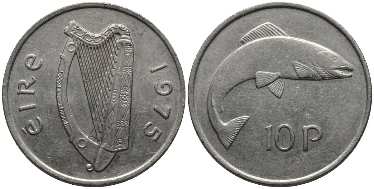 Ирландия 10 пенсов 1975 лосось KM 23 медно-никель 215-634
