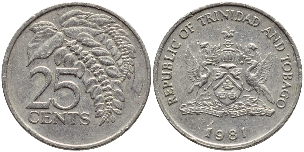 Тринидад и Тобаго 25 центов 1981 цветок дикая пуансеттия KM 32 медно-никель 4396-762