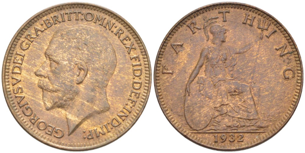 Великобритания 1 фартинг 1932 Георг V (1910-1936) KM 825, Spink 4061 бронза UNC 4543-1046
