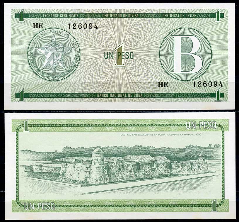 Куба, валютный сертификат 1 песо ND (1985) серия B, зеленая Pick FX 6 бумага UNC (пресс) 447-62-3