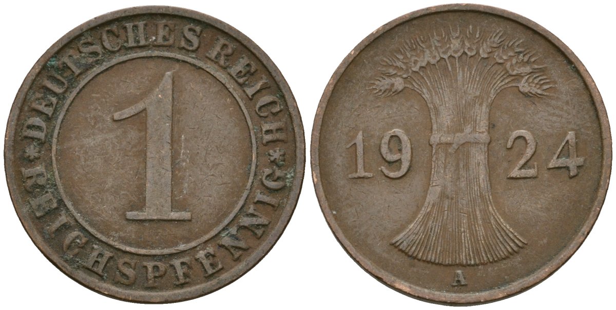 Германия 1 рейхспфенниг 1924 A KM 37, J. 313 бронза 4189-1053