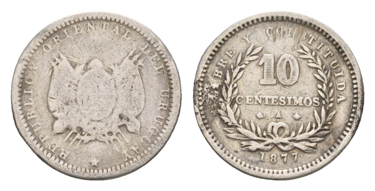 Уругвай 10 сентесимо 1877 A KM 14 серебро 4655-458