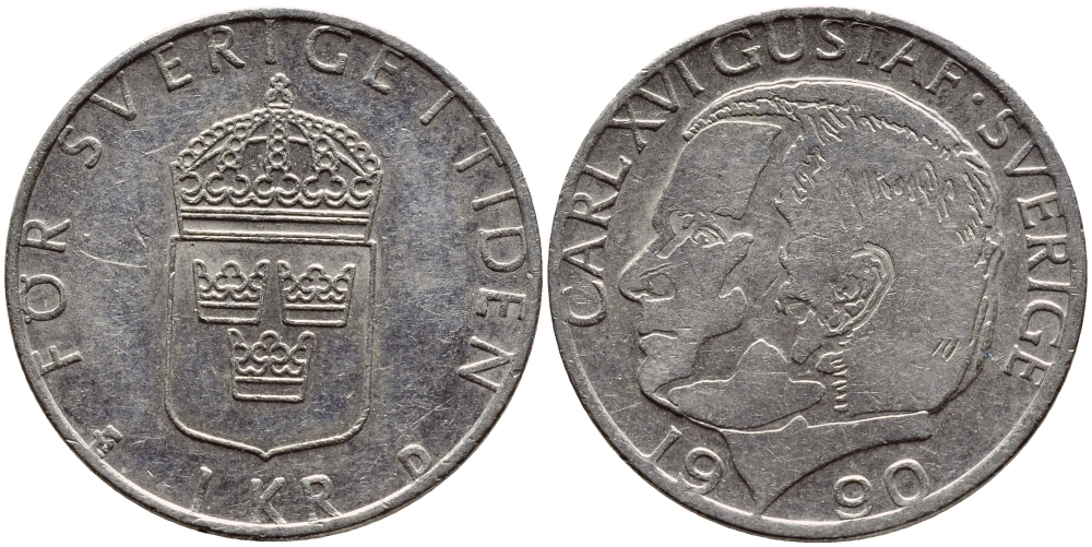 Швеция 1 крона 1990 Карл XVI Густав (1973- ) KM 852a медно-никель 4398-1256