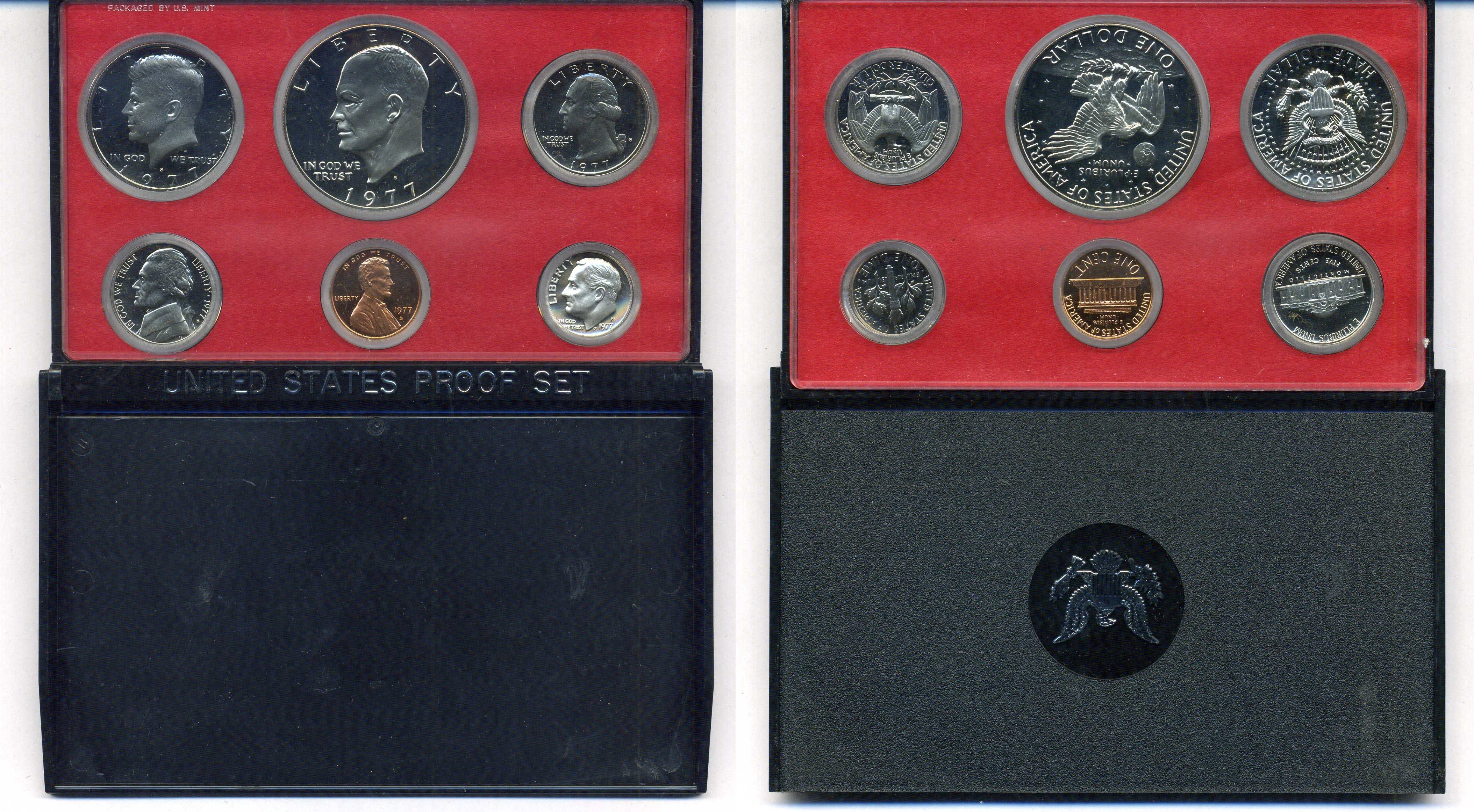 США годовой набор из 6 монет (1, 5, 10, 25 и 50 центов; 1 доллар) 1977 в оригинальной упаковке KM PS141 (164a, A192, 195a, 201, 202b и 203) PROOF 8-2-02-26
