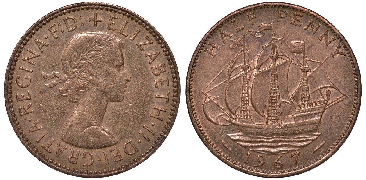 Великобритания 1/2 пенни 1967 Елизавета II (1952-2022) KM 896, Spink 4158 бронза 4122-836