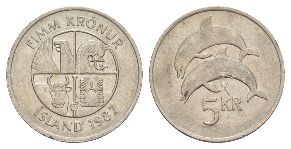 Исландия 5 крон 1987 дельфины KM 28 медно-никель 4635-127