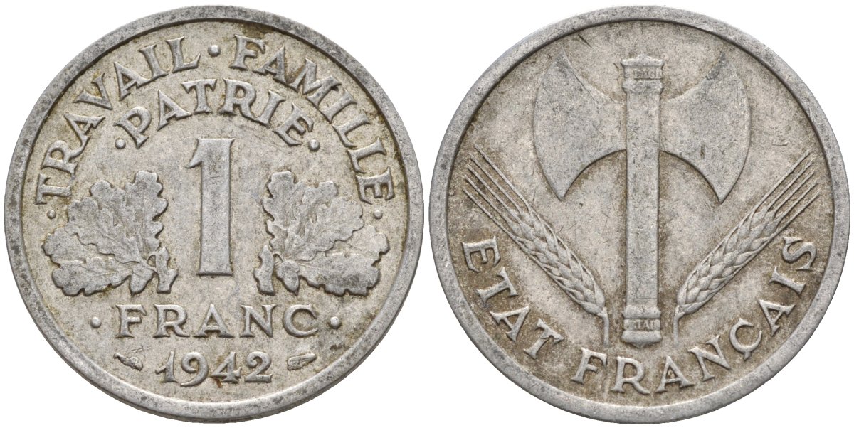 Франция 1 франк 1942 LB, тип Lourde, правительство Виши KM 902.1, Le Franc 222.2 алюминий 4142-856