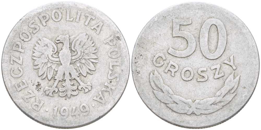 Польша 50 грошей 1949 KM 44а, Parchimowicz 209b алюминий 212-852