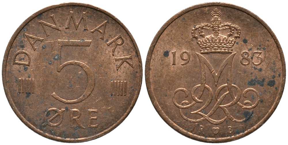 ДАНИЯ 5 ЭРЕ 1983 R; B, МАРГРЕТЕ II (1972-) KM 859.3 железо плакированное медью 116-163