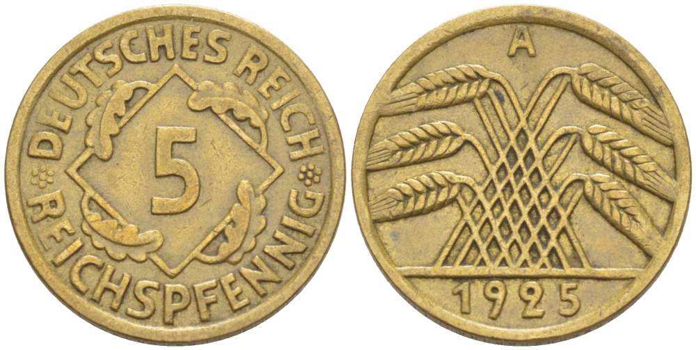 Германия 5 рейхспфеннигов 1925 A KM 39, J. 316, Weege 7 алюминиевая бронза 3955-651